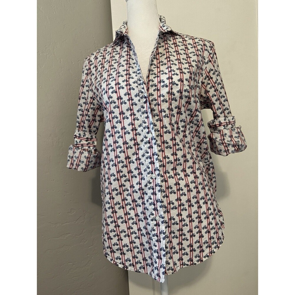Grayson EUC The Hero 01 XS Button-up Shirt Top Striped Bicycle Print White Red - Picture 2 of 11